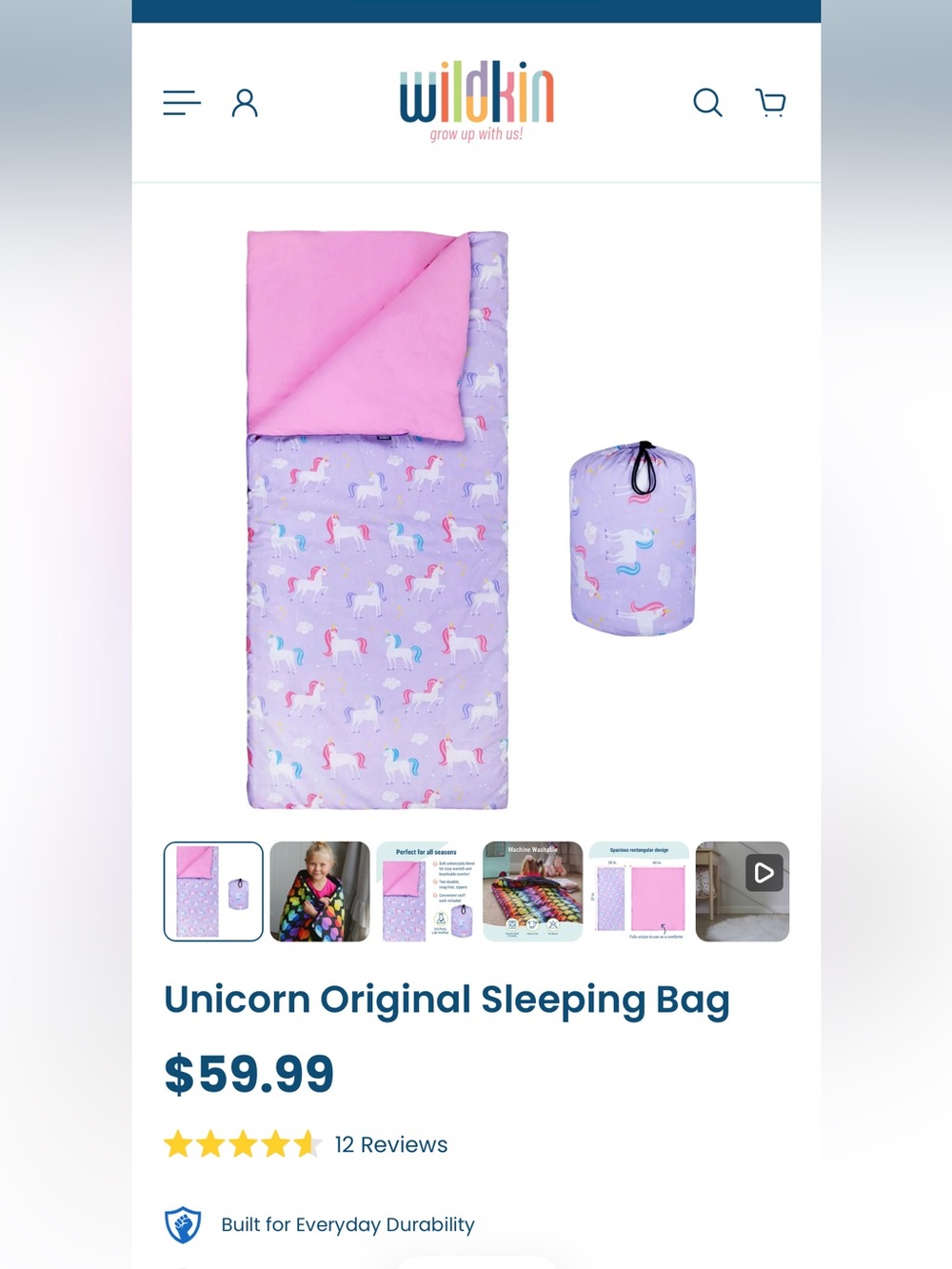 Wildkin unicorn sleeping bag